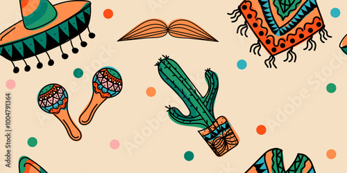 Colorful seamless Doodle Mexican pattern editable stroke: sombrero, cactus, mustache, maraca, poncho. Vector hand drawn illustration in green, red colors. Latin American culture	