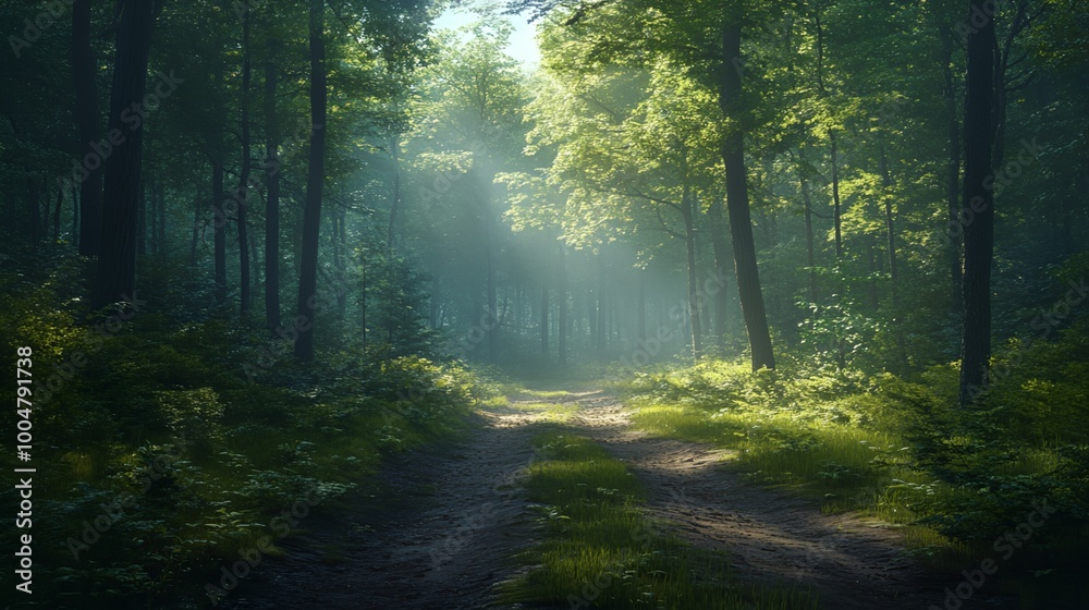 a dirt road in the middle of a forest with sunbeams shining through the trees a dirt road in the middle of a forest with sunbeams shining through the trees