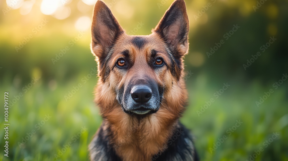a dog is looking at the camera with a blurry background of grass and trees a dog is looking at the camera with a blurry background of grass and trees