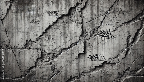 Rough Concrete Surface with Graffiti-Like Aerosol Paint Lines and Deep Cracks. Industrial Concrete Texture with Wear in Gray Tones for Background Use. AI-generated photo