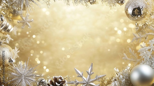 Carta da parati in stile natalizio fondo oro con decorazioni argento e ampio spazio vuoto al centro per il testo Christmas