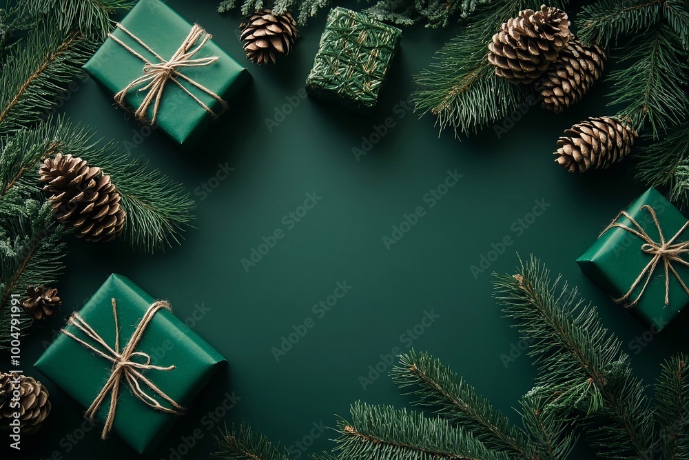 Obraz premium Pacchi regalo, rami di pino e pigne su sfondo verde con ampio spazio per inserire auguri personalizzati. Biglietto che richiama il concetto di ecosostenibità ambientale