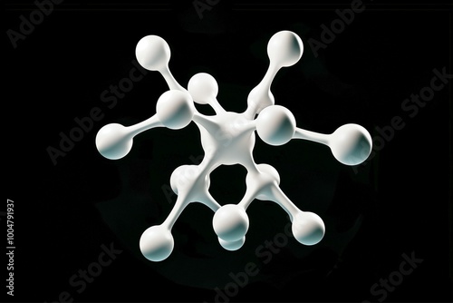 A digitally rendered 3D molecular structure with interconnected spheres on a dark background, showcasing an abstract and futuristic representation of scientific concepts.