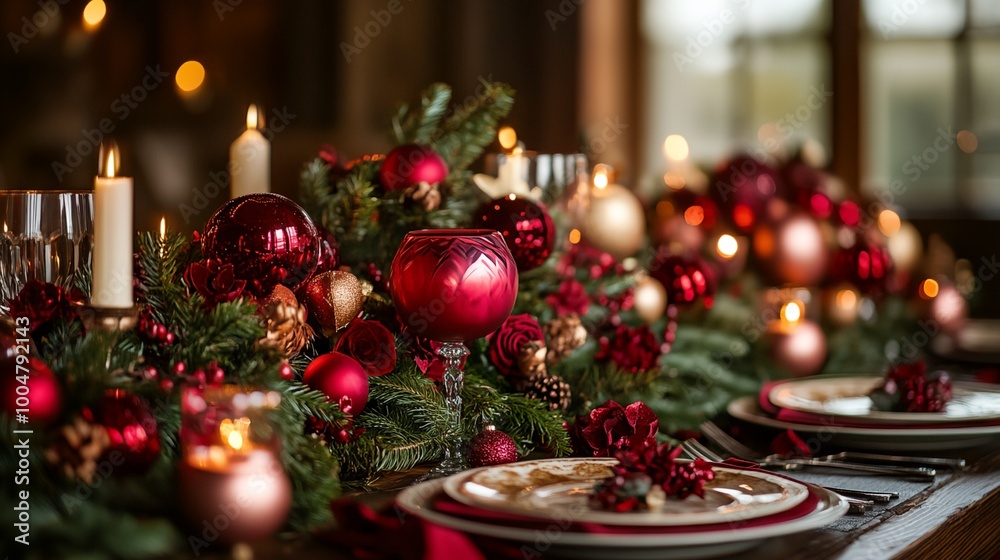 A table is set with a red and gold Christmas tablecloth A table is set with a red and gold Christmas tablecloth