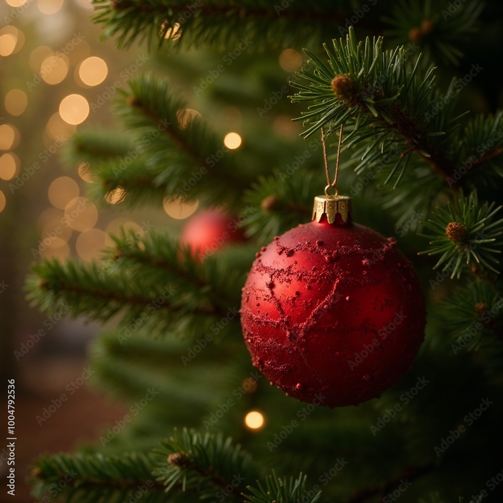 Red Christmas ornament hanging on a pine tree branch with blurred lights in the background Red Christmas ornament hanging on a pine tree branch with blurred lights in the background