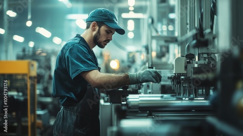 Factory worker operating machine clean industrial background bright lighting