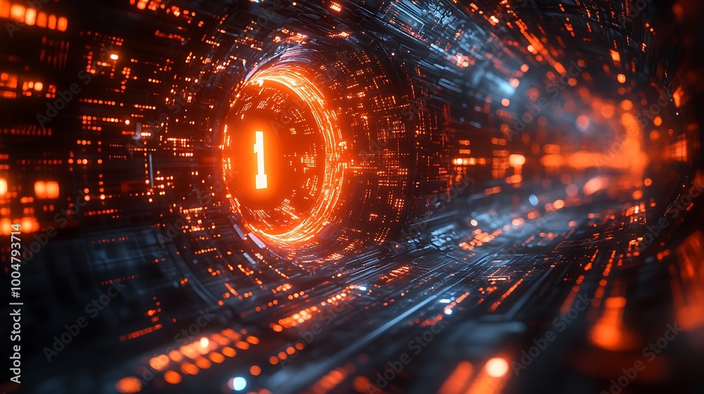 Abstract Digital Tunnel with glowing orange light. Futuristic cyberpunk or sci fi 3D illustration Abstract Digital Tunnel with glowing orange light. Futuristic cyberpunk or sci fi 3D illustration