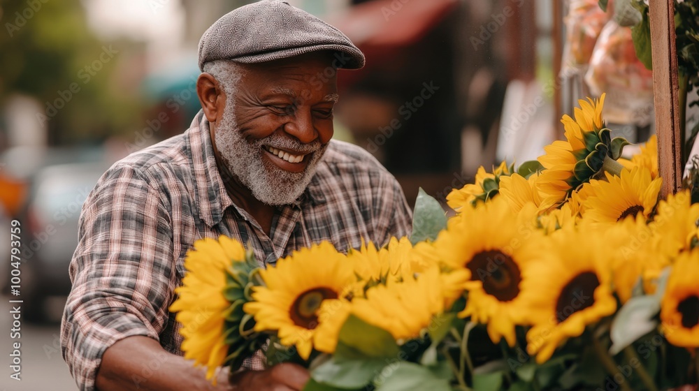 An elderly Black man in his late 70s with a gray beard dressed in a casual plaid shirt and a flat cap buying fresh flowers from a street vendor with a bright smile An elderly Black man in his late 70s with a gray beard dressed in a casual plaid shirt and a flat cap buying fresh flowers from a street vendor with a bright smile