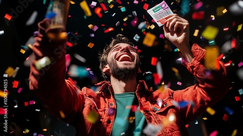 Lottery win, jackpot. Joyful man smiling widely holding winning lottery ticket in hand with colorful confetti falling around him