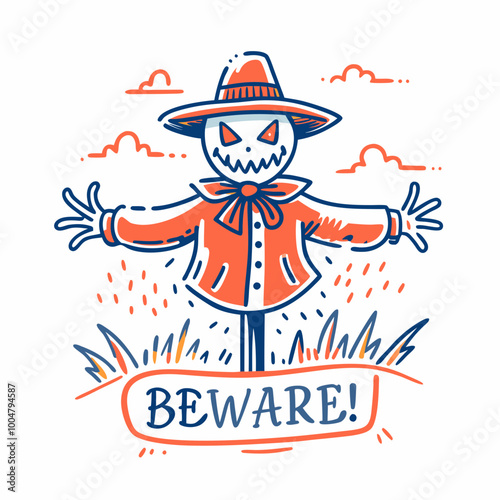 Friendly scarecrow in field with "Beware!" message