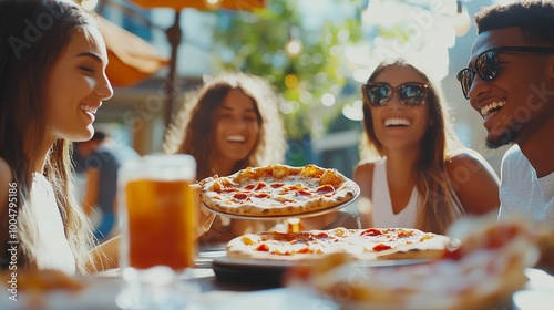 Friends enjoy pizza and beer together on a sunny patio.