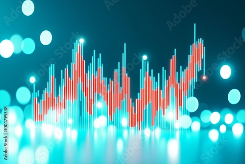 A digital representation of a colorful bar chart with red bars against a blue bokeh background, illustrating statistical data visually with a modern and dynamic feel.