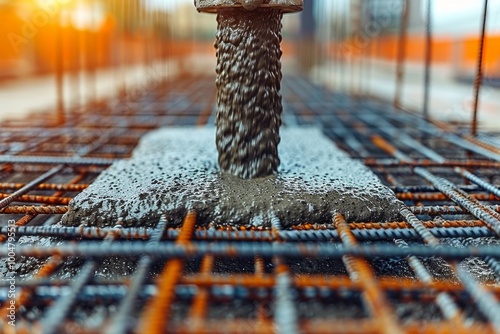 Concrete pouring at sunset  close up view of construction site with space for text or inscriptions