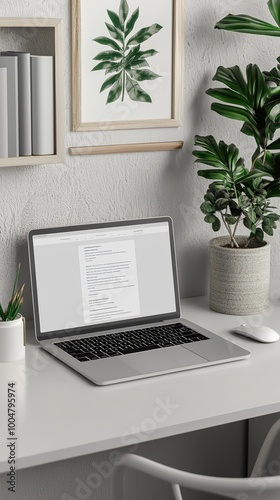 Clean white desk with laptop displaying online education, medium shot, photography