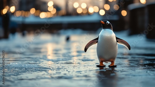 A penguin waddles on a sheet of ice with blurry city lights in the background.