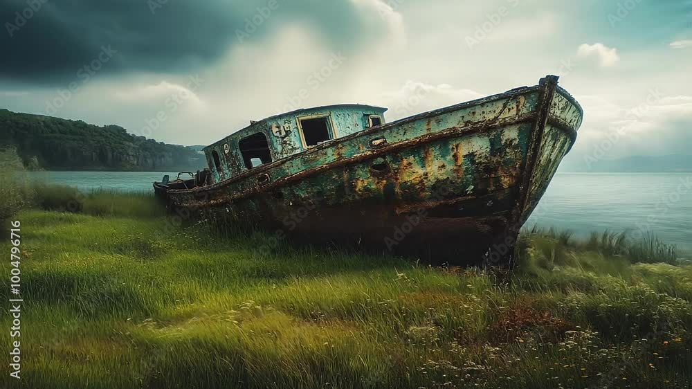 Rusty Shipwreck on Serene Lakeshore Seamless Looping Background Video Rusty Shipwreck on Serene Lakeshore Seamless Looping Background Video