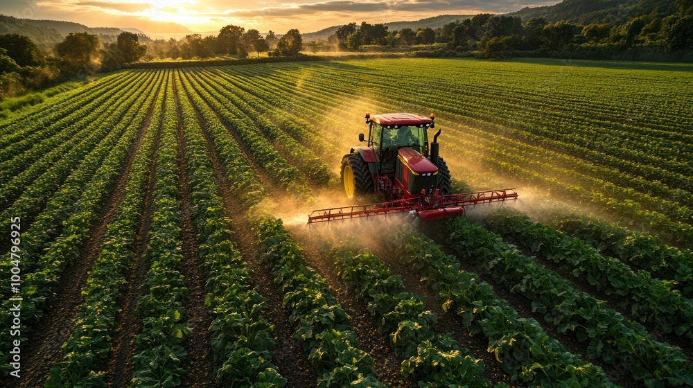 Farmers Operating Tractor Spraying Pesticide on Crops – Expansive Agricultural Field with Green Plants, Sustainable Farming and Natural Landscape Under Soft Sunlight Farmers Operating Tractor Spraying Pesticide on Crops – Expansive Agricultural Field with Green Plants, Sustainable Farming and Natural Landscape Under Soft Sunlight
