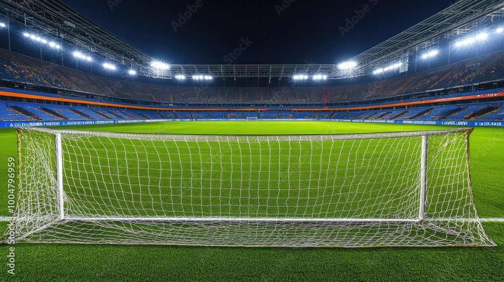 Fototapeta premium Empty goal in an overseas stadium with clean field and ample room for copy space