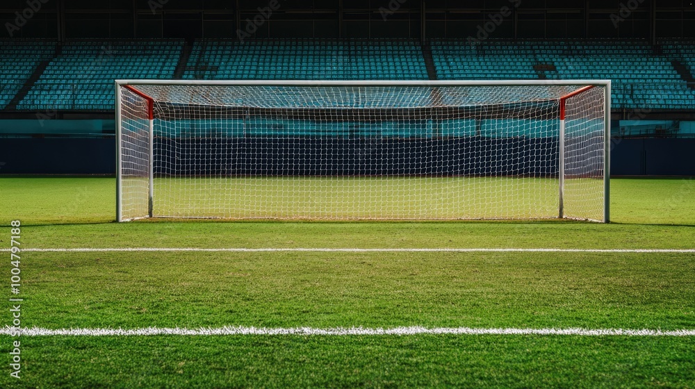 Empty overseas soccer goal with stadium seating in the background, with space for text Empty overseas soccer goal with stadium seating in the background, with space for text