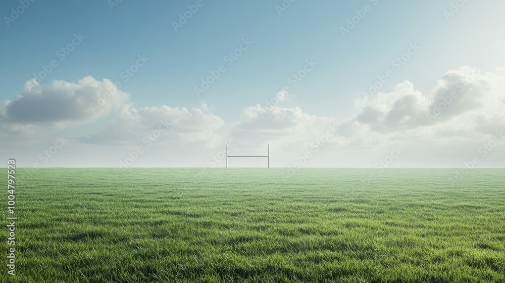 Obraz premium Football placed in the center of the field with goalposts in the distance, clear sky and room for text