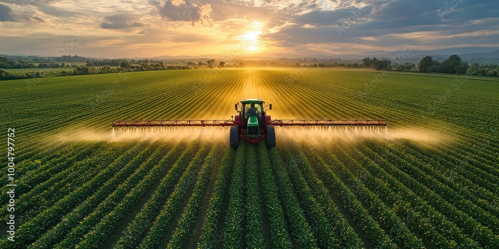 Farmers Operating Tractor Spraying Pesticide on Crops – Expansive Agricultural Field with Green Plants, Sustainable Farming and Natural Landscape Under Soft Sunlight