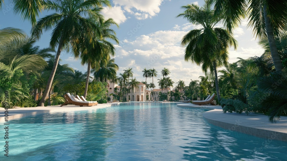 A beautiful holiday resort with palm trees and clear skies, no people, and room for tex A beautiful holiday resort with palm trees and clear skies, no people, and room for tex