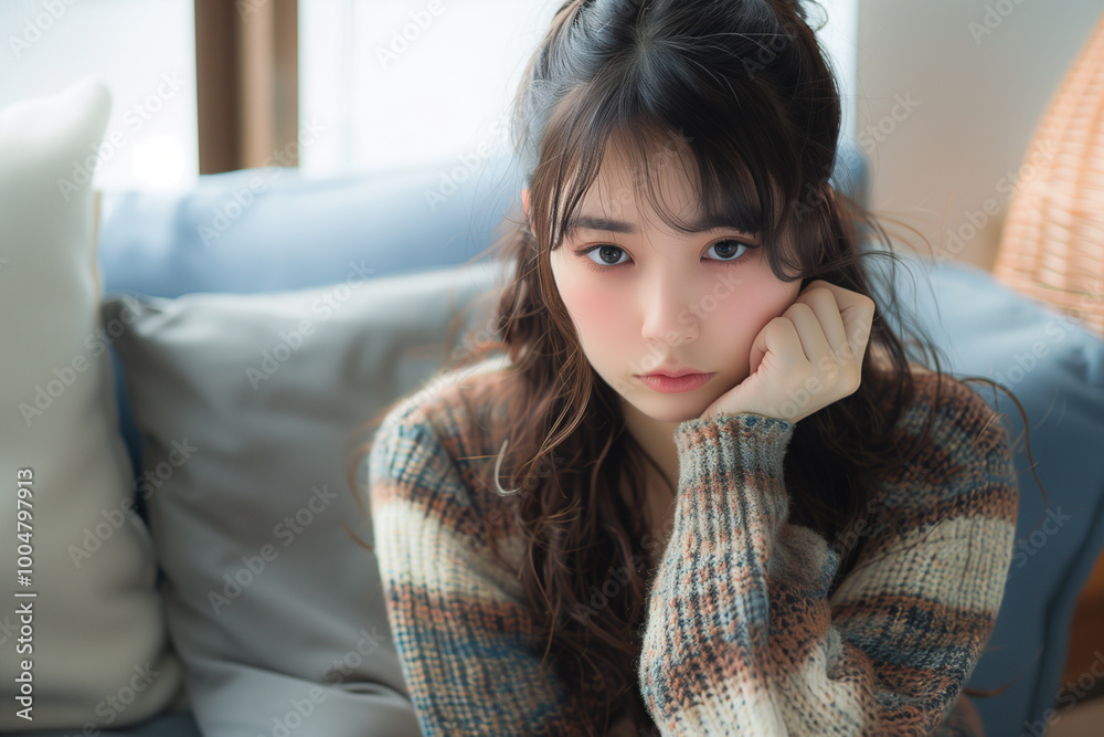 自宅で考え事をしている女性 自宅で考え事をしている女性