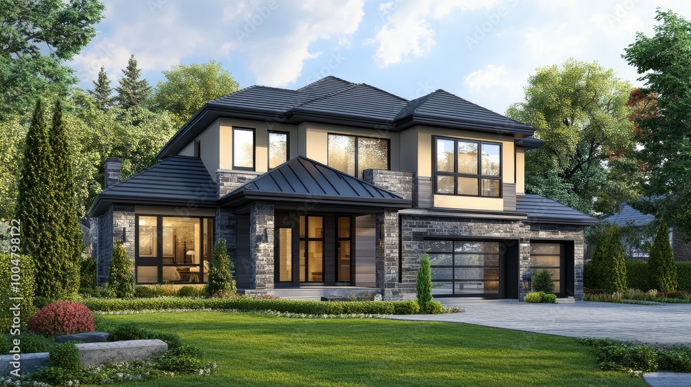 A beautiful house with a modern design in a suburban city neighborhood, ample copy space available A beautiful house with a modern design in a suburban city neighborhood, ample copy space available