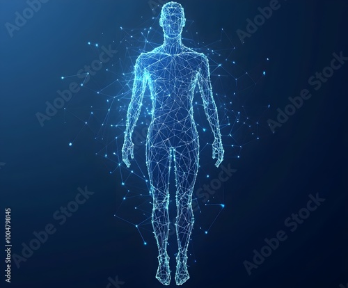 Abstract digital human body. Polygonal wireframe silhouette. Low poly anatomy blue background.
