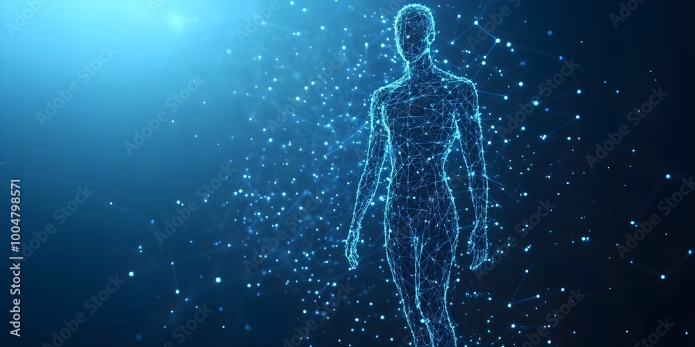 Abstract digital human body. Polygonal wireframe silhouette. Low poly anatomy blue background. Abstract digital human body. Polygonal wireframe silhouette. Low poly anatomy blue background.