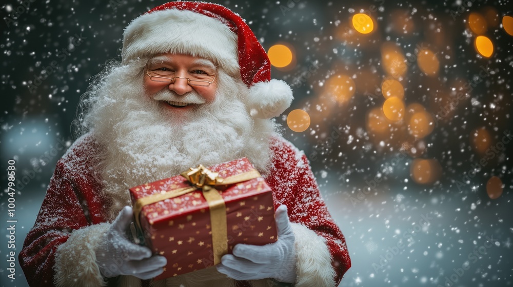 Santa claus with christmas presents in his hands, christmass lights and snowfall in the background, big editable space Santa claus with christmas presents in his hands, christmass lights and snowfall in the background, big editable space