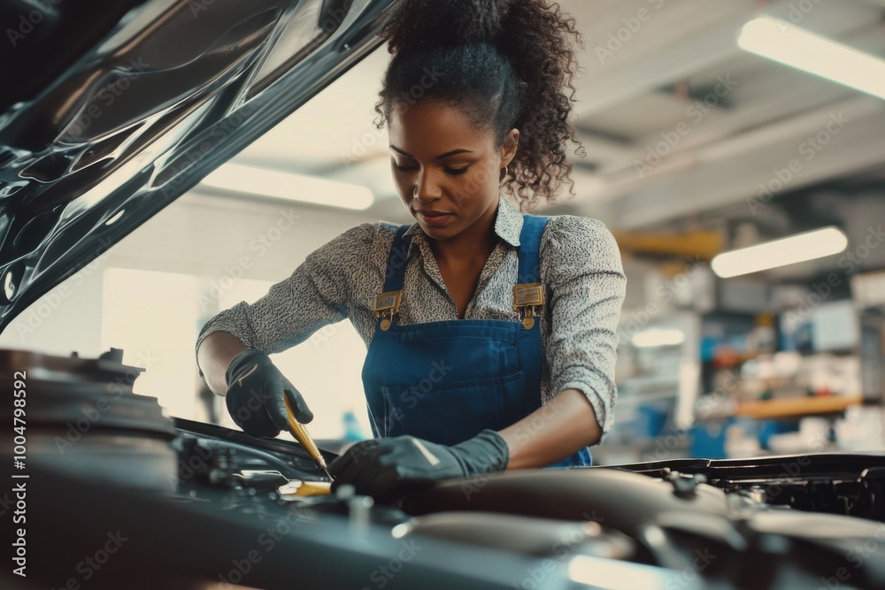 Black female mechanic working on car engine in garage, female auto service technician with open hood in repair shop, focused and confident worker doing vehicle inspection or maintenance. Black female mechanic working on car engine in garage, female auto service technician with open hood in repair shop, focused and confident worker doing vehicle inspection or maintenance.
