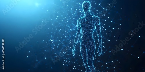 Abstract digital human body. Polygonal wireframe silhouette. Low poly anatomy blue background.