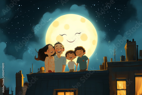 A joyful family of five enjoys a moonlit moment on a rooftop under a smiling moon in a tranquil evening sky photo