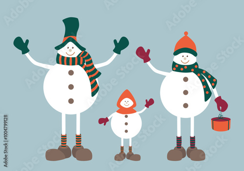 Funny cartoon snowman family, Christmas card, vector illustration