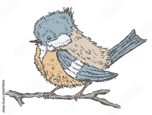 Hand drawing of one cute fluffy titmouse bird on branch, vector illustration isolated on white