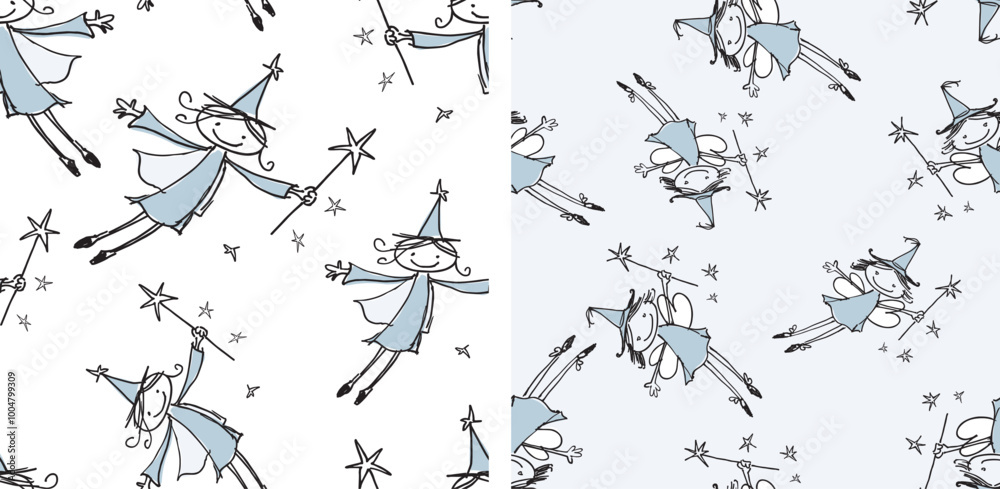 Fototapeta premium Seamless patterns of doodle drawings cheerful cartoon flying elves girls, hand drawn vector illustration, background, wallpaper, paper, textile