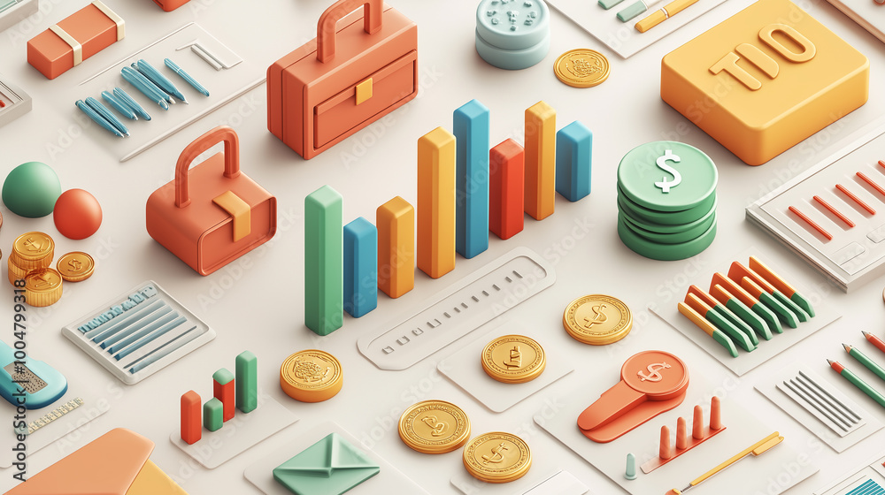 3D Icons Representing Business and Finance Concepts on a Clean Background, generative ai 3D Icons Representing Business and Finance Concepts on a Clean Background, generative ai