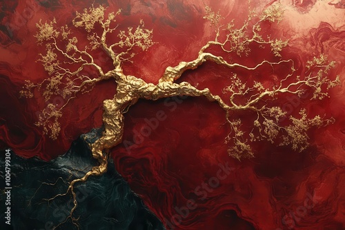 digital art showcases intricate neurallike structures branching out in rich gold and deep red against a marbled backdrop conveying the complexity of biological networks in a visually stunning way