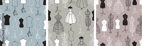 Seamless patterns of outlines different mannequins for tailoring atelier, backgrounds, paper, wallpaper, vector illustration