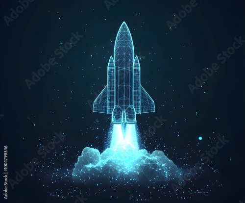 Abstract space shuttle launches into space. Glowing rocket and smoke under it. Digital start-up and success concept.
