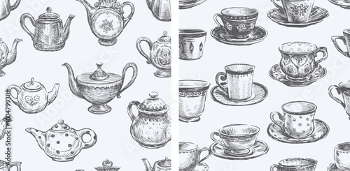 Seamless patterns of sketches  collection various vintage teapots and tea cups, hand drawn illustrations, vector backgrounds, wallpaper, paper