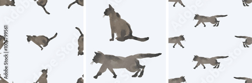 Watercolor vector drawings of silhouettes domestic siamese cat, hand drawn seamless patterns, wallpaper, paper, textile, backgrounds