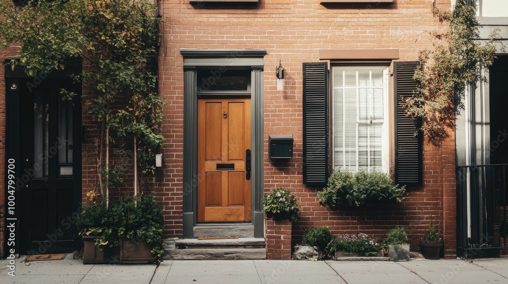 A stylish urban townhouse on a clean street, no people, with plenty of space for text or branding A stylish urban townhouse on a clean street, no people, with plenty of space for text or branding