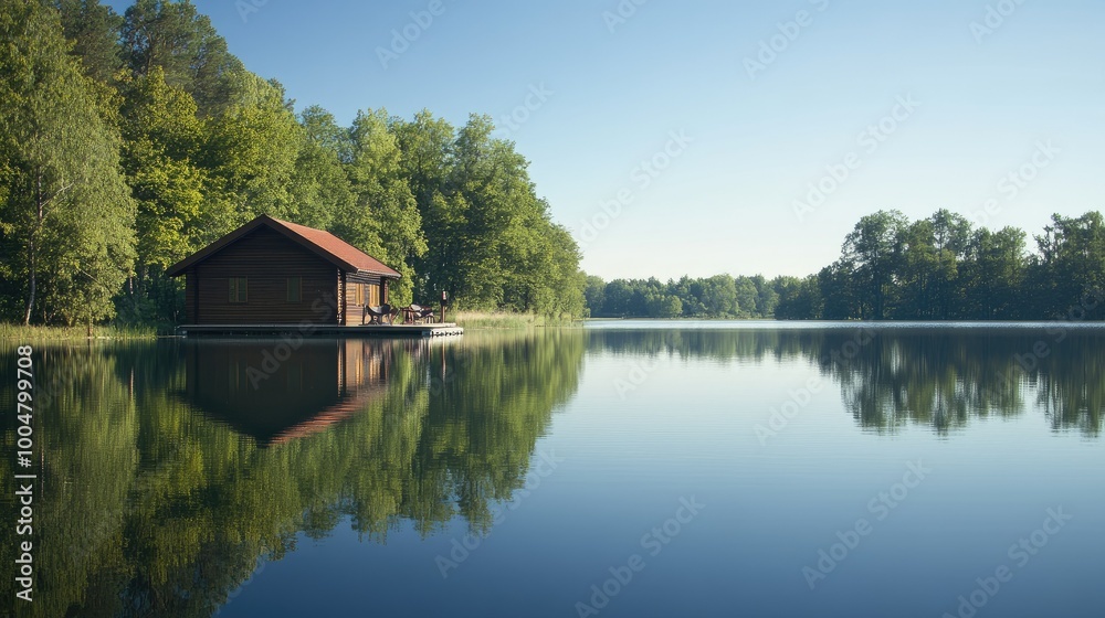 A tranquil lake with a holiday cabin in the distance, no people, and room for text A tranquil lake with a holiday cabin in the distance, no people, and room for text
