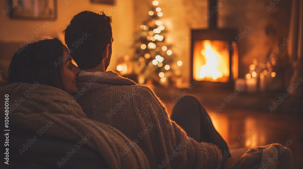 A couple enjoying a cozy evening by the fireplace. A couple enjoying a cozy evening by the fireplace.