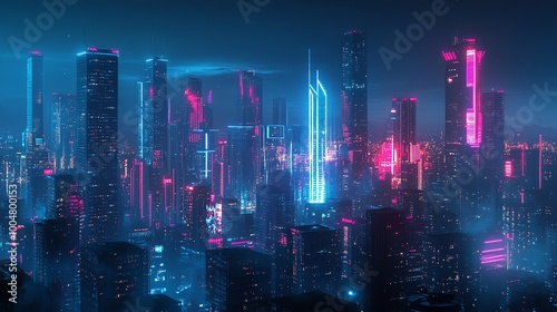 A futuristic cityscape at night with neon lights.