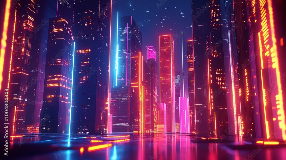 Obraz premium A futuristic city lit by neon lights and glowing with a vibrant, colorful energy.