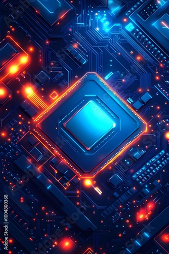 Brightly glowing AI chip on light circuit board on technology blue background. CPU processor or semiconductor on tech bg. Computer microchip on motherboard.