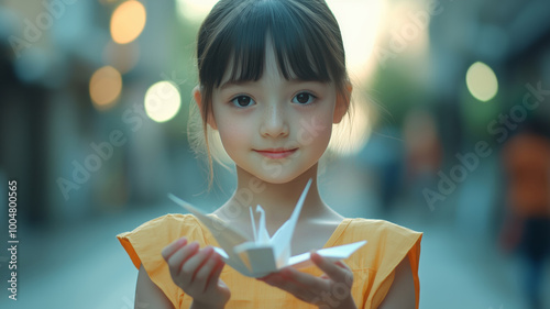 A girl joyfully presents a crafted paper crane, illuminating the charm of creativity on a bustling urban street photo